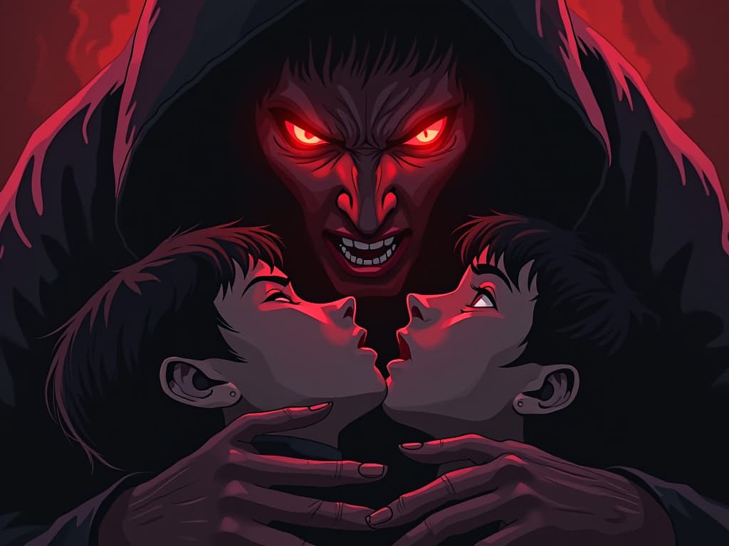  family members, eyes glowing red, feeding on subject’s energy, malevolent force hovering, atmosphere of possession and draining love. the style is digital art illustration / modern comic book / graphic dark novel fantasy and mysterious occult, symbolic, moody lighting, esoteric vibe,high detail on character design. for the color scheme emphasize blacks and reds.