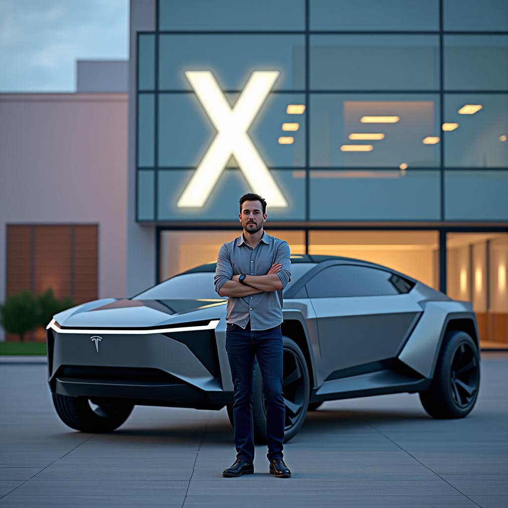  elon musk standing proudly next to his tesla cybertruck. the setting features a modern, sleek building in the background, representing the headquarters of x (formerly known as twitter). the building has a minimalist design with large glass windows and a giant, glowing 'x' logo prominently displayed. the cybertruck, with its sharp, angular lines and metallic sheen, contrasts with the surrounding environment. elon musk is casually dressed, embodying a confident and visionary demeanor as he stands beside his creation. hyperrealistic, full body, detailed clothing, highly detailed, cinematic lighting, stunningly beautiful, intricate, sharp focus, f/1. 8, 85mm, (centered image composition), (professionally color graded), ((bright soft diffused light)), volumetric fog, trending on instagram, trending on tumblr, HDR 4K, 8K