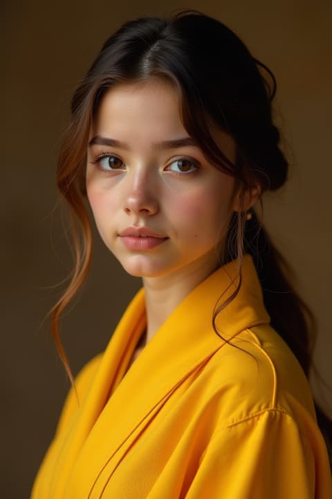  a highly detailed portrait of a with brown hair and deep brown eyes, showcasing her warm brown skin. she wears flowing yellow robes that d elegantly around her, highlighting the textures of the fabric as it catches the light. the background is softly blurred, bringing focus to her serene expression and the vint hues of her clothing, which contrast beautifully with her skin tone. the lighting is soft and warm, giving the scene an inviting and peaceful atmosphere, enhancing the girl's natural beauty.