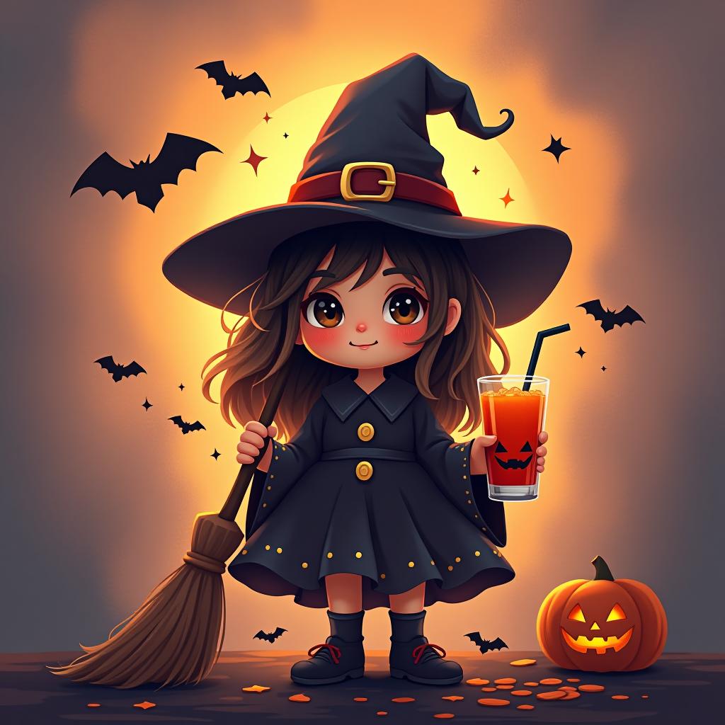  create a digital painting featuring a cute witch character. the witch should be wearing a hat. in one hand, the witch should hold a broomstick, and in the other hand, a halloween themed drink. the background should be colorful and include small black bats, pumpkins and stars to add a playful halloween touch. the overall style should be cute, whimsical, and colorful hyperrealistic, full body, detailed clothing, highly detailed, cinematic lighting, stunningly beautiful, intricate, sharp focus, f/1. 8, 85mm, (centered image composition), (professionally color graded), ((bright soft diffused light)), volumetric fog, trending on instagram, trending on tumblr, HDR 4K, 8K