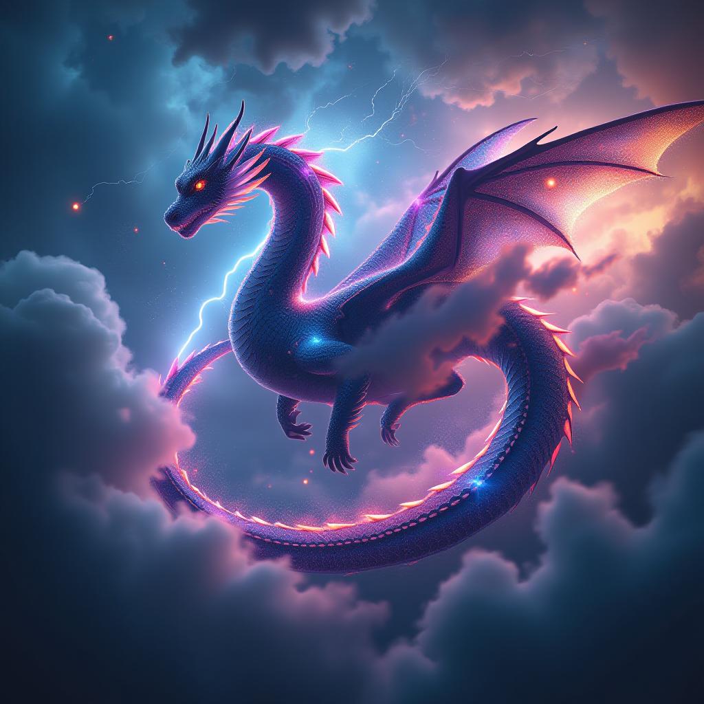  a cosmic water dragon [1.3] coiling through storm clouds in a night sky. body composed of shimmering, star filled water [1.4], mimicking the milky way. scales ripple with the colors of nebulae purples, blues, and pinks. eyes like swirling galaxies [1.2]. mane a cascade of shooting stars. wings spread wide, raining stardust and comets [1.3]. surrounded by lightning that arcs between cloud banks, illuminating the dragon. hyper detailed cosmic water textures [1.5], dynamic flying pose, dramatic contrast between dark clouds and glowing dragon. hyperrealistic, full body, detailed clothing, highly detailed, cinematic lighting, stunningly beautiful, intricate, sharp focus, f/1. 8, 85mm, (centered image composition), (professionally color graded), ((bright soft diffused light)), volumetric fog, trending on instagram, trending on tumblr, HDR 4K, 8K