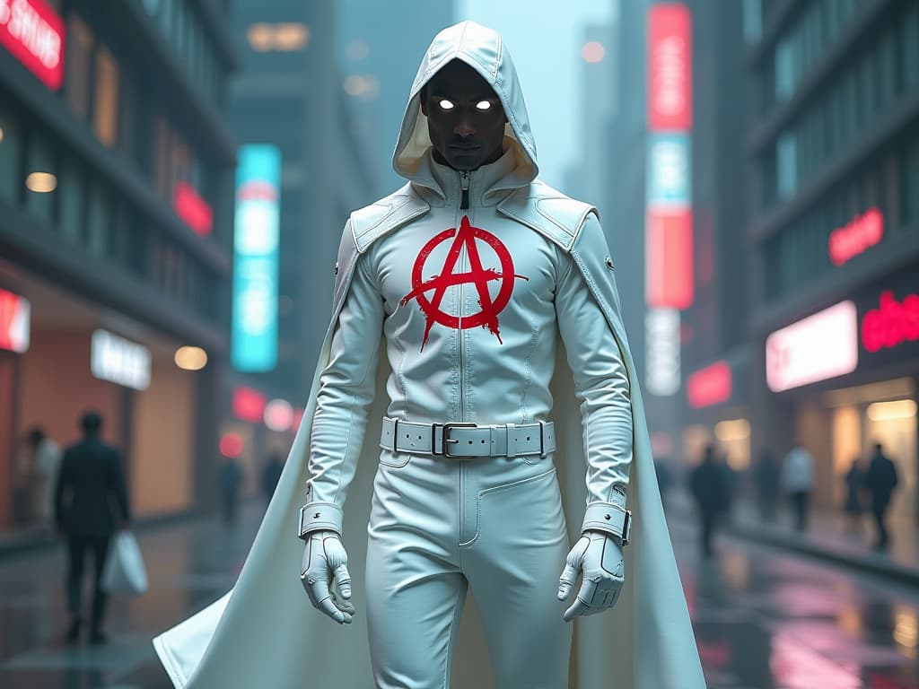  a male figure stands confidently in a striking white leather suit featuring a streamlined silhouette, complete with a flowing white hood and cape. the suit is accented by a white utility belt that adds a touch of sophistication. dominating the chest is a bold red anarchy symbol, contrasting sharply against the pristine white. his face is blank, shrouded in an aura of mystery with glowing white eyes that pierce the darkness. he wears sleek white leather pants and futuristic white boots that enhance his modern aesthetic. the overall scene embodies futurism and advanced technology, highlighted by a sleek, modern cityscape in the background with neon lights and advanced structures.