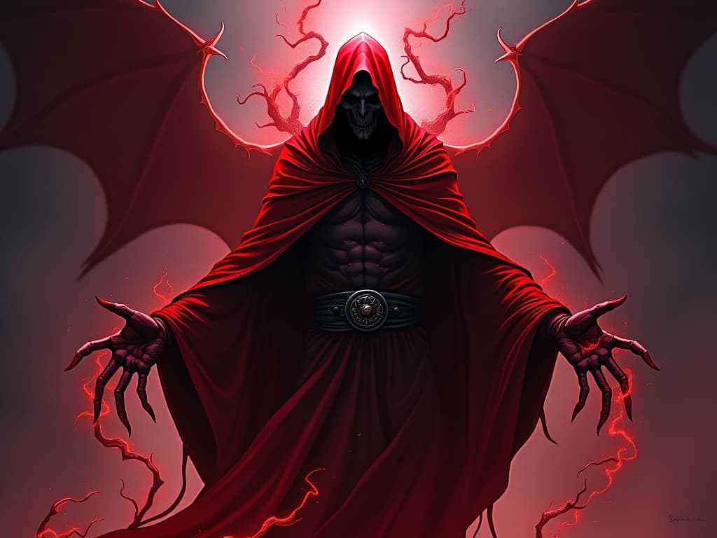  wraith like figure in red robes, emanating dark energy, surrounded by ghostly tendrils, aura of insidious impact. the style is digital art illustration / modern comic book / graphic dark novel fantasy and mysterious occult, symbolic, moody lighting, esoteric vibe,high detail on character design. for the color scheme emphasize blacks and reds.