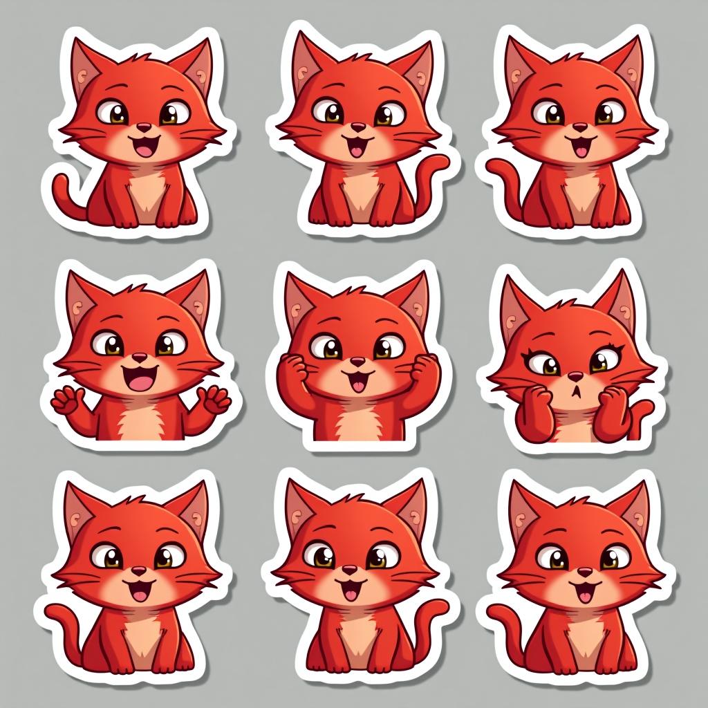  sticker set, red cat, expressive eyes, strong emotional tone, different poses, different emotions, vector style.