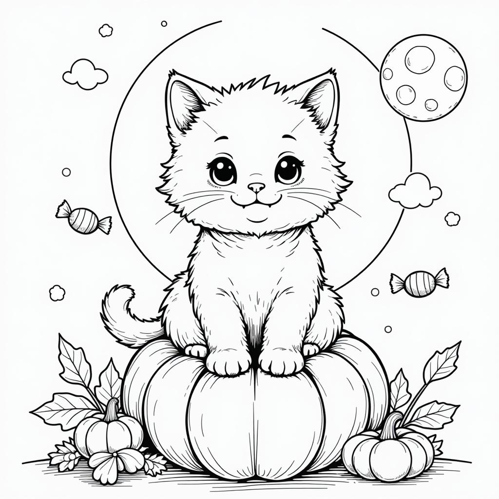  centered black and white high contrast line drawing, coloring book style,a cute, fluffy black kitten wearing a ghost costume made from a sheet with two holes for eyes. the kitten is sitting happily on a pumpkin. surround the scene with several simple floating candies and a full moon in the background. keep the lines thick and the design simple to make it easier to color., monochrome, blank white background