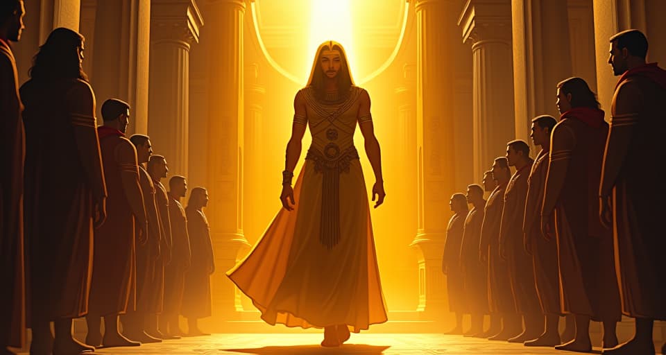  radiant figure, large busted in flowing, form fitting golden garb, stepping into a room of stunned onlookers, igniting impact. the style is digital art illustration / modern comic book / mysterious occult, symbolic, esoteric vibe,high detail on character design, incorporating ancient egyptian symbology and attire.