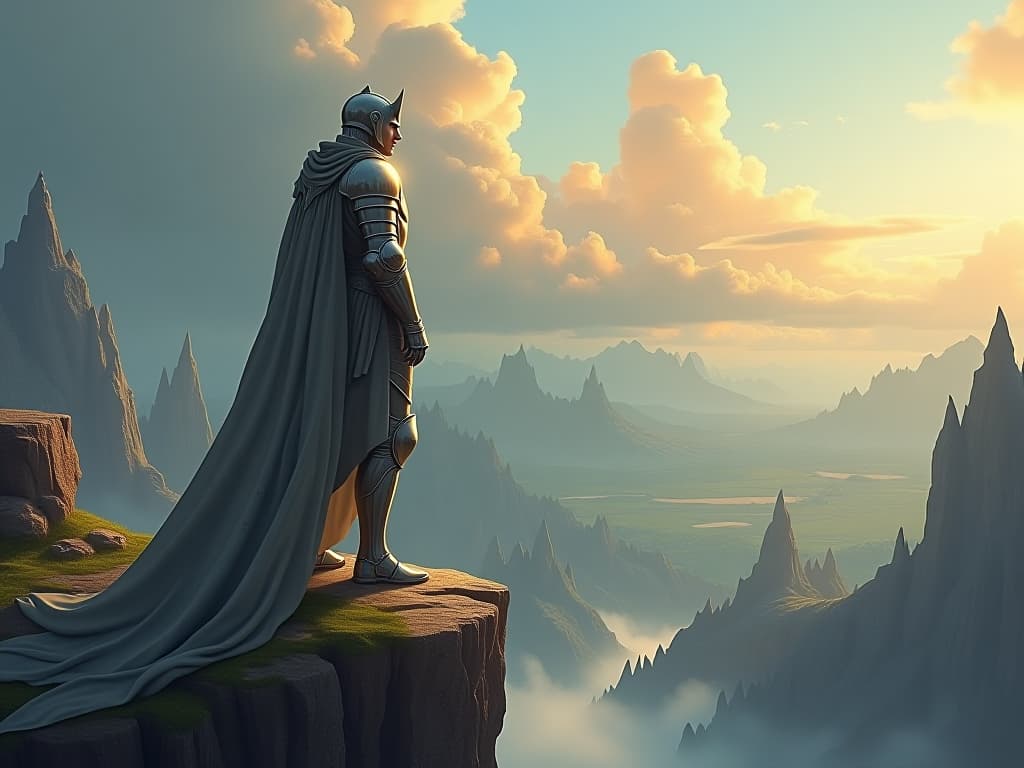  ethereal knight in shining, enchanted armor, standing tall on a cliff, overlooking a vast, mystical landscape, his steadfast gaze representing the strengthening of resolve through trials.. the style is digital art illustration,highly detailed, whimsical,magical, dreamlike atmosphere, realism and fantasy blend, smooth, glossy textures,luminous quality, wonder and enchantment.