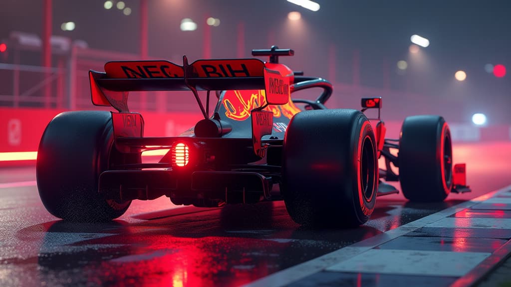  generate an ultra realistic image capturing the controversy around mclaren's "flexiwings" post azerbaijan grand prix. show a detailed close up of the mclaren rear wing, emphasizing its alleged flexibility. include elements like online platform logos (x, instagram), red bull racing, max verstappen fan comments, and formula 1 copyright concerns. illustrate the heated debate with dramatic lighting and intense colors to convey the complexity and controversy of this issue. ensure anatomical accuracy