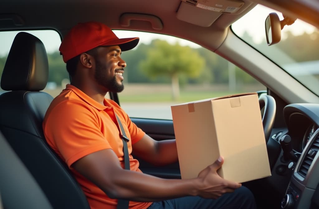  african delivery man, driving and logistics in car with boxes, stock and direction at job in supply chain. person, courier and commercial vehicle for cardboard package, shipping and transportation ar 3:2 {prompt}, maximum details