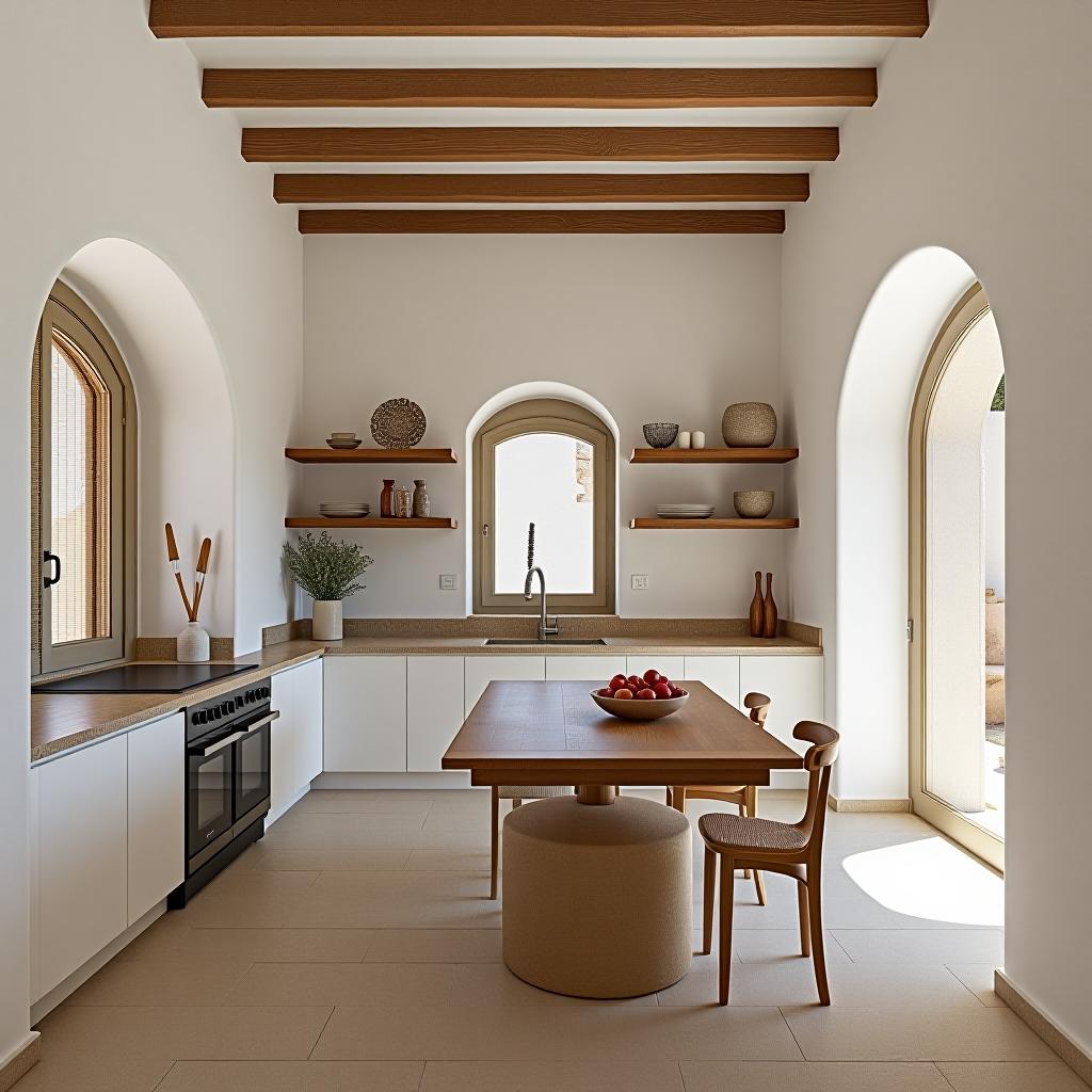  capture a stunningly beautiful, unedited 8k hdr photograph of a kitchen designed in the ibicenco style, characterized by white washed walls, natural materials, and rustic elegance, which promotes indoor outdoor living. this photo should feature a wide point of view, showcasing the heart of the home where meals are prepared. emphasize the symmetrical balance and intricate details of the sandstone and rosewood materials used, reflecting the dense furnishings and decorations typical of this design. the image, taken in bright, soft, diffused light and professionally color graded, should highlight the room's hyperrealistic and highly detailed aesthetics. focus on architecture and furniture with smooth, flowing forms, like rounded walls, curved f