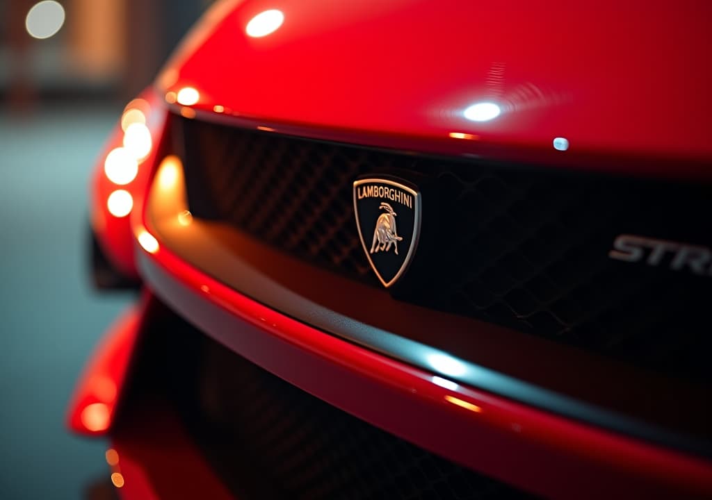  "a hyper realistic close up shot of the front grille of a red lamborghini huracán. the image focuses on the lamborghini emblem in the center of the grille, capturing the sleek and aggressive lines of the huracán. the grille's metallic surfaces reflect the warm, cinematic lighting, emphasizing the sharp contours and luxurious details of the car. the background is slightly blurred, keeping the attention on the emblem and the front part of the huracán, with a similar warm glow as seen in the mustang image."