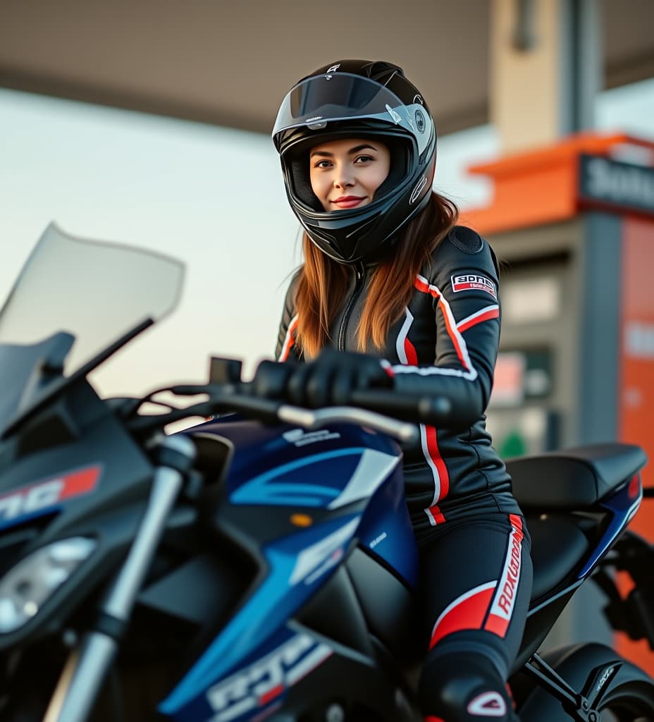  young female, wearing sportbike gear, seating on sportbike, at gas station