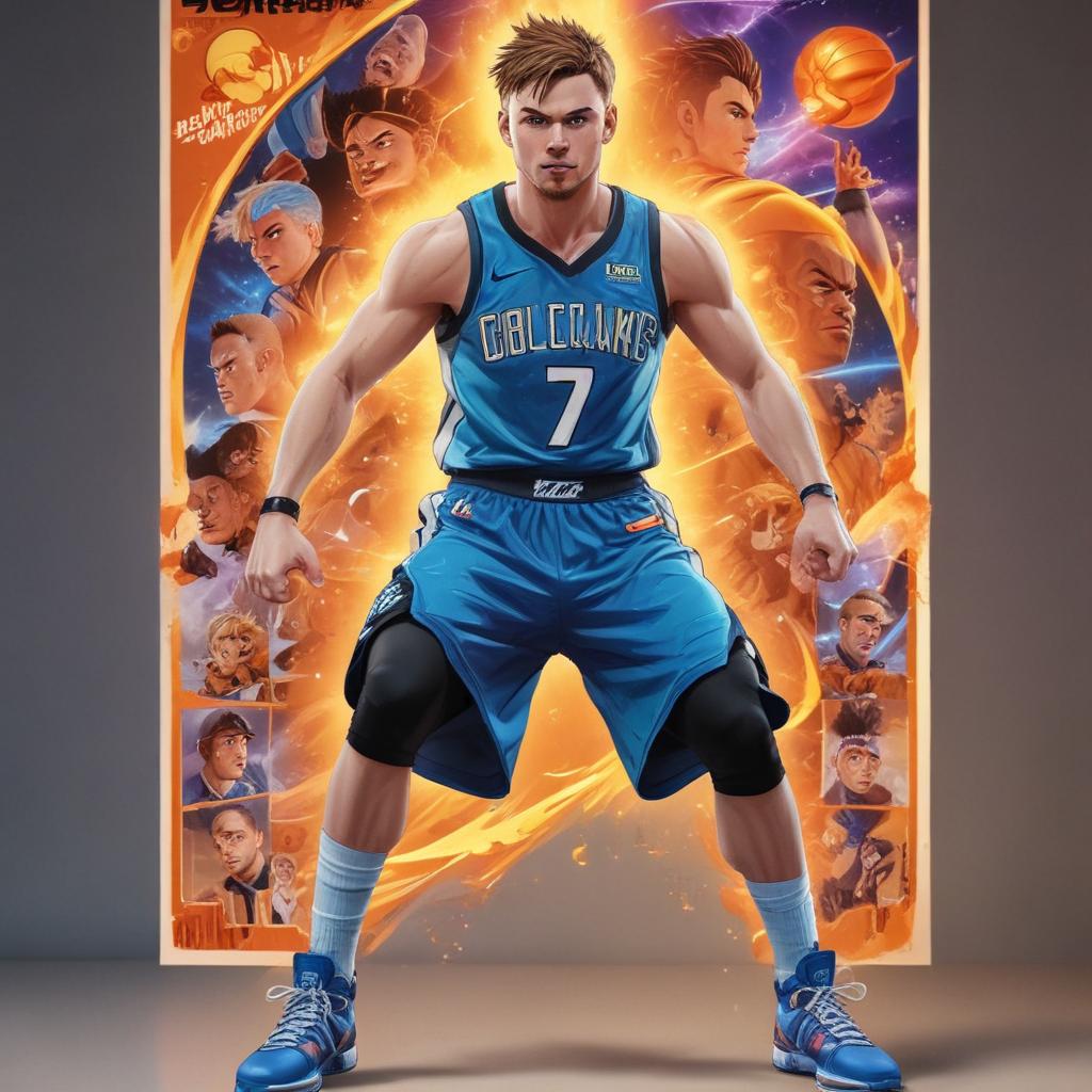 distance-shot, flashy, full-body, dynamic, holographic, animated cartoon poster of luka doncic in the style of dragon ball super