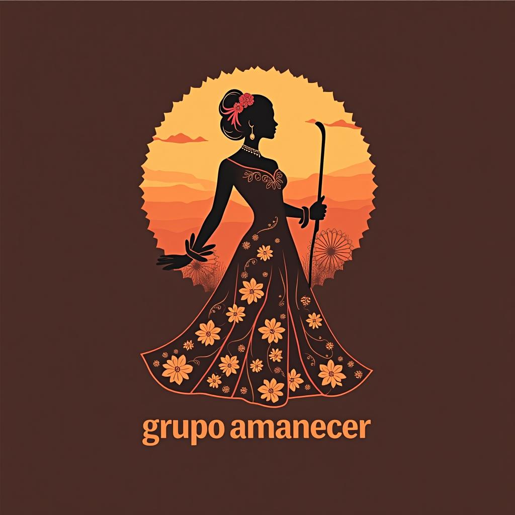  design a logo, una persona flamenca con abanicos mantones flores de sevilla , with the text 'grupo amanecer '.