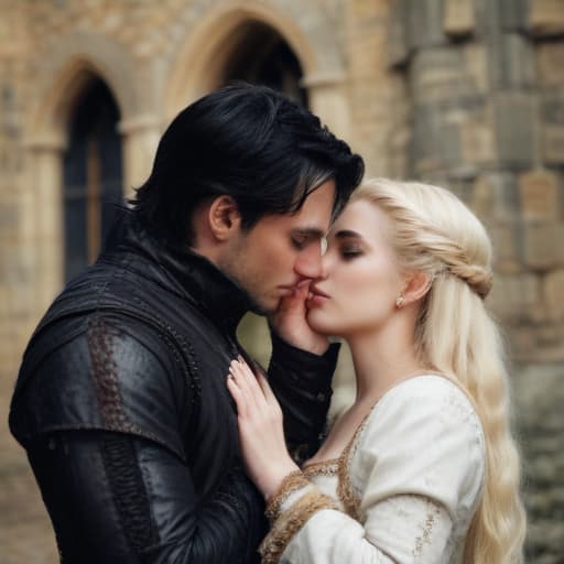 Man, woman, black hair, white skin, blonde woman, medieval dress, castle, gothic, hand on face, dark