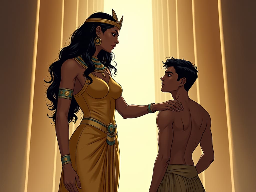  a serene temple interior, soft light filtering through columns, a large busted goddess in a tight, golden dress, gently placing her hand on a troubled person's shoulder, the person's expression softening, symbolizing a soothing presence. the style is digital art illustration / modern comic book / mysterious occult, symbolic, esoteric vibe,high detail on character design, incorporating ancient egyptian symbology and attire.