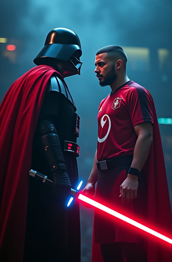  crear escena en la cual esté darth vader con una espada azul en la mano frente a un hombre más alto que él, de pelo corto, cara redonda y barba corta que tiene puesta camiseta de futbol roja con el dibujo de un diablo , una capa roja y una espada roja en la mano hyperrealistic, full body, detailed clothing, highly detailed, cinematic lighting, stunningly beautiful, intricate, sharp focus, f/1. 8, 85mm, (centered image composition), (professionally color graded), ((bright soft diffused light)), volumetric fog, trending on instagram, trending on tumblr, HDR 4K, 8K