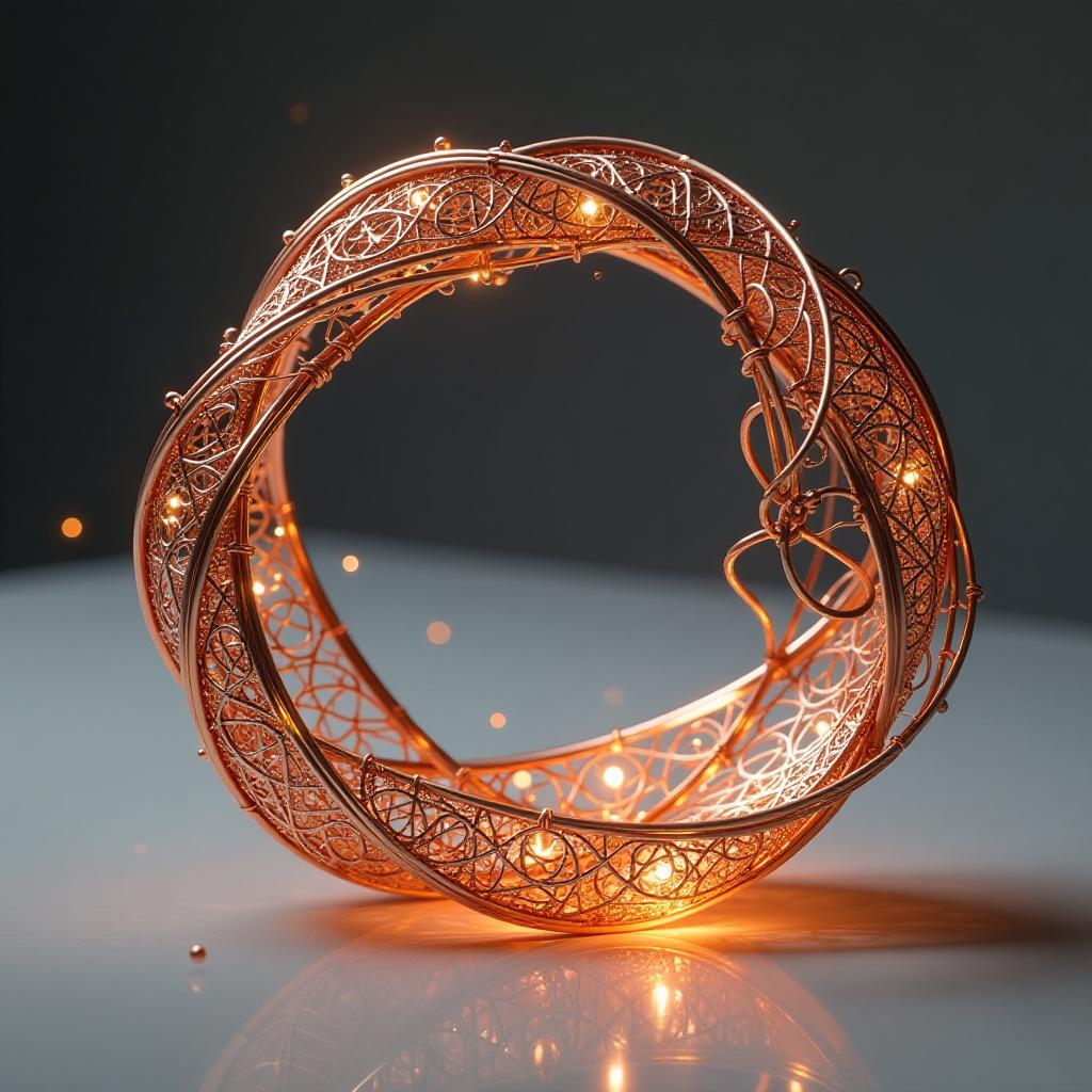  create an image featuring an envelope made of intricately designed copper wire, intertwining and curling into a dynamic form. the composition should evoke a sense of lunar elegance, with a soft, glowing light illuminating the copper strands and casting delicate shadows. the scene is viewed from a rotated angle, allowing the viewer to appreciate the intricate details of the wirework as it spirals and flows. the background should suggest a serene, celestial atmosphere, enhancing the overall ethereal feel of the artwork.