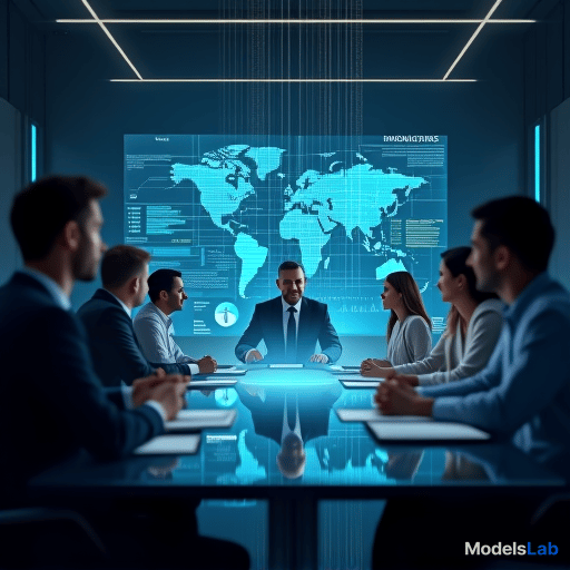  a group of businessmen and women gathered around a futuristic boardroom table, eagerly discussing plans for implementing artificial intelligence into their businesses. as they speak, holographic projections of ai technology appear in the air around them, showcasing its transformative impact. hyperrealistic, full body, detailed clothing, highly detailed, cinematic lighting, stunningly beautiful, intricate, sharp focus, f/1. 8, 85mm, (centered image composition), (professionally color graded), ((bright soft diffused light)), volumetric fog, trending on instagram, trending on tumblr, HDR 4K, 8K