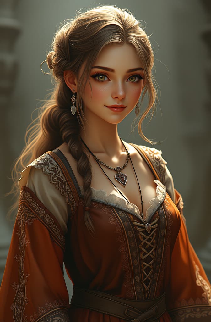  a medieval peasant, female, 20 yo, lace up ornate brown dress, jewellery, cute smile.