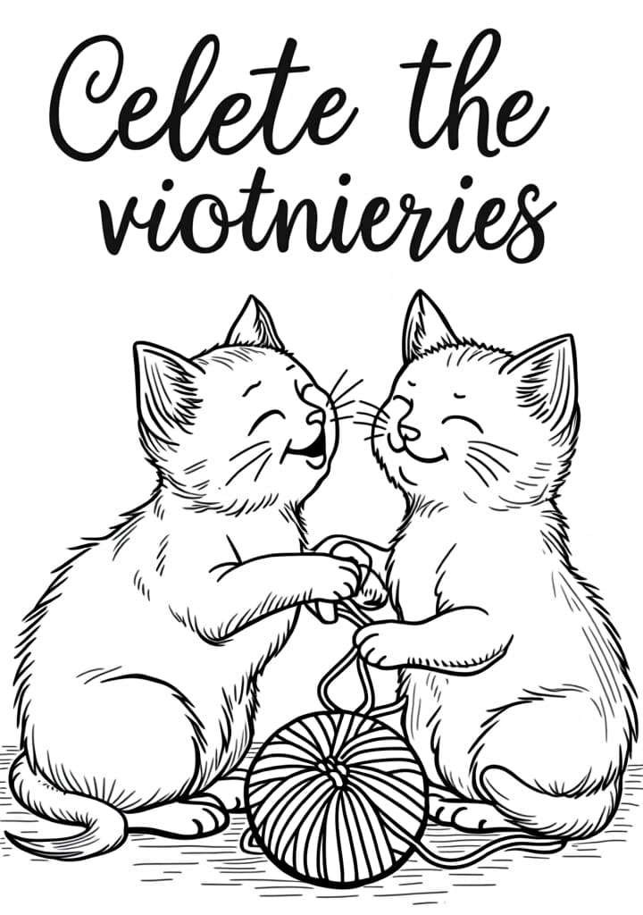  you're a coloring book bot. your job is to make delightful elementary appropriate coloring book pages. a coloring book page is as follows: black and white outlines, low complexity. very simplistic, easy for s to color in. always appropriate, whimsical themes, white background, (no colour)++, (no shading)++, black lines, cats playing together with celete the victories. the cats are joyfully playing together, perhaps with a ball of yarn or some simple toys. the message celete the victories is written in a cheerful, easy to read font above the scene. the image should be a high contrast, black and white line drawing on a blank white background, with no shadows or borders, and should utilise the entire s hyperrealistic, full body, detailed clothing, highly detailed, cinematic lighting, stunningly beautiful, intricate, sharp focus, f/1. 8, 85mm, (centered image composition), (professionally color graded), ((bright soft diffused light)), volumetric fog, trending on instagram, trending on tumblr, HDR 4K, 8K