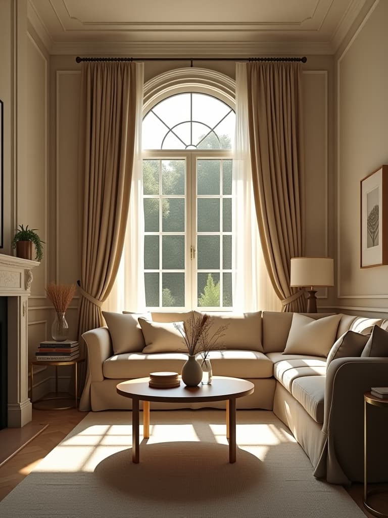  high quality portrait photo of a sunlit classic living room with neutral tones, featuring a plush sofa, elegant coffee table, and large windows with flowing curtains, showcasing timeless simplicity hyperrealistic, full body, detailed clothing, highly detailed, cinematic lighting, stunningly beautiful, intricate, sharp focus, f/1. 8, 85mm, (centered image composition), (professionally color graded), ((bright soft diffused light)), volumetric fog, trending on instagram, trending on tumblr, HDR 4K, 8K