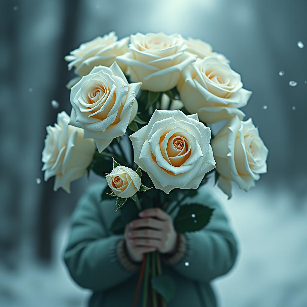  white roses on snow hyperrealistic, full body, detailed clothing, highly detailed, cinematic lighting, stunningly beautiful, intricate, sharp focus, f/1. 8, 85mm, (centered image composition), (professionally color graded), ((bright soft diffused light)), volumetric fog, trending on instagram, trending on tumblr, HDR 4K, 8K