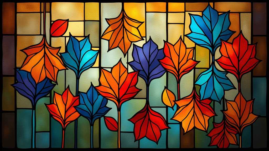  colorful abstract leaves adorning a stained glass window