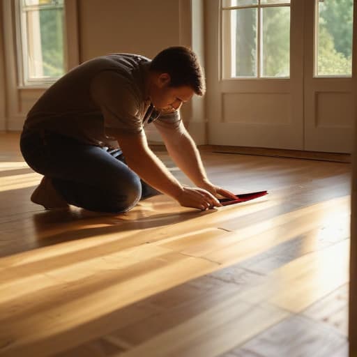 A photo of a skilled flooring artisan meticulously installing hardwood flooring in a cozy living room during the late afternoon, bathed in warm, golden sunlight filtering through the windows, casting soft shadows on the gleaming wood planks.