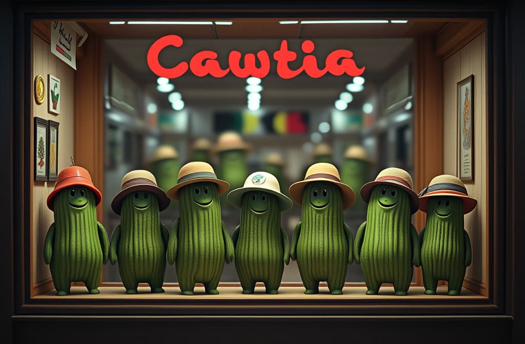  the storefront of a business that sells small hats for pickles. the front window has a display of green pickles lined up wearing a variety of different hats and helmets.. hyperrealistic, full body, detailed clothing, highly detailed, cinematic lighting, stunningly beautiful, intricate, sharp focus, f/1. 8, 85mm, (centered image composition), (professionally color graded), ((bright soft diffused light)), volumetric fog, trending on instagram, trending on tumblr, HDR 4K, 8K