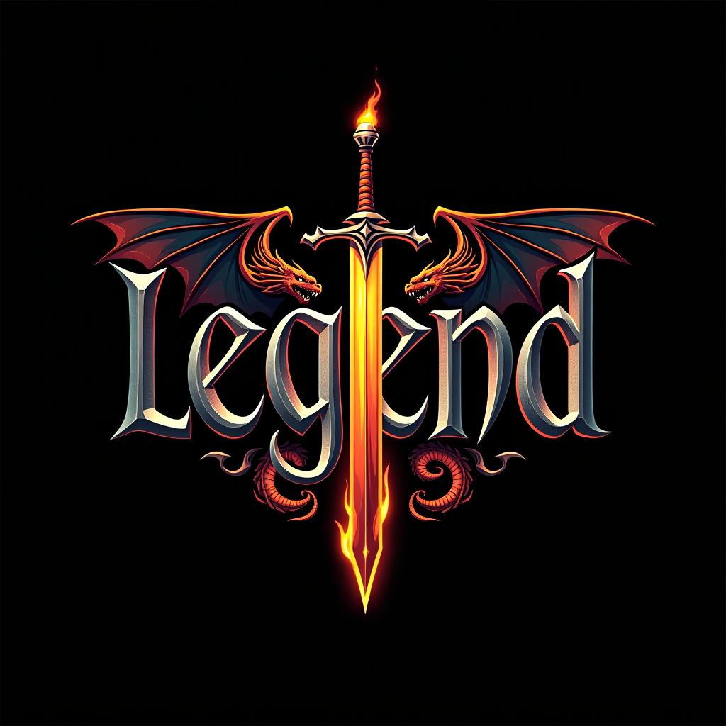  design a logo, custom sticker design on an isolated black background with the words ‘legend’ in bold font decorated by mythical dragons and a flaming sword