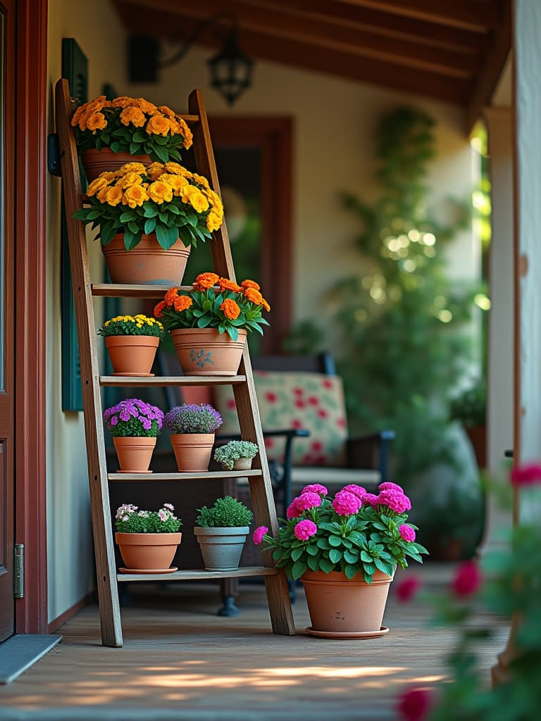  high quality portrait photo of a rustic porch with a vintage ladder repurposed as a plant stand, showcasing colorful flowers in terracotta pots, photographed from a slight bird's eye view hyperrealistic, full body, detailed clothing, highly detailed, cinematic lighting, stunningly beautiful, intricate, sharp focus, f/1. 8, 85mm, (centered image composition), (professionally color graded), ((bright soft diffused light)), volumetric fog, trending on instagram, trending on tumblr, HDR 4K, 8K