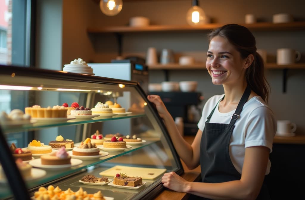  professional detailed photography, a confectionery shop, inside a glass display case there are desserts and pieces of cake, in the background there is a coffee machine and a smiling saleswoman, in the foreground on the bar counter in front of the saleswoman there is the number "2025" , (muted colors, dim colors, soothing tones), (vsco:0.3)