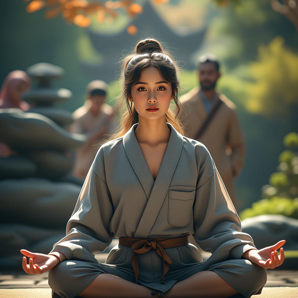  create a picture of mindfulness in daily activities, in the center is a beautiful, young women of asian descent in relaxing pose. in the background you can see other persons of different genders and origins near a zen garden. hyperrealistic, full body, detailed clothing, highly detailed, cinematic lighting, stunningly beautiful, intricate, sharp focus, f/1. 8, 85mm, (centered image composition), (professionally color graded), ((bright soft diffused light)), volumetric fog, trending on instagram, trending on tumblr, HDR 4K, 8K