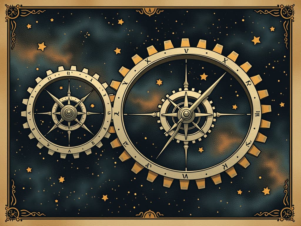  a cosmic clock with interlocking gears made of stars and nebulae, infinite, meticulous. an illustration in the style of a worn, mystical old tarot trump card, mysterious and elements of surrealism. the colors are muted, somber and eerie, but with contrast bring out an occult and esoteric vibe.