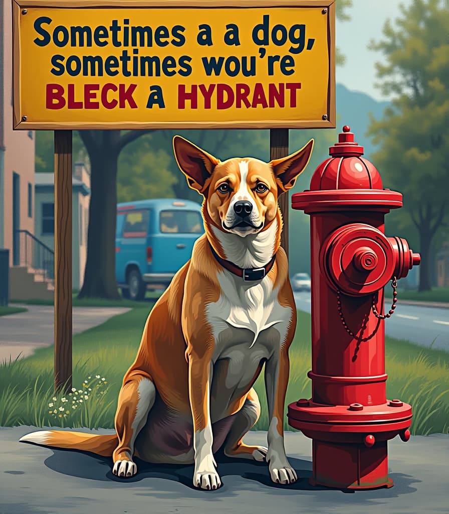  pop art style (masterpiece, oil painting), a dog sitting by a fire hydrant by the road , above a poster written in bold large print “sometimes you're a dog, sometimes you're a hydrant”, close up, high resolution, high detail . bright colors, bold outlines, popular culture themes, ironic or kitsch hyperrealistic, full body, detailed clothing, highly detailed, cinematic lighting, stunningly beautiful, intricate, sharp focus, f/1. 8, 85mm, (centered image composition), (professionally color graded), ((bright soft diffused light)), volumetric fog, trending on instagram, trending on tumblr, HDR 4K, 8K