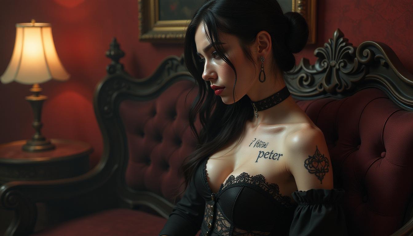  hyperrealistic art a seductive girl in an outfit, in a gothic style room. tattoo with the inscription: i love peter . extremely high resolution details, photographic, realism pushed to extreme, fine texture, incredibly lifelike