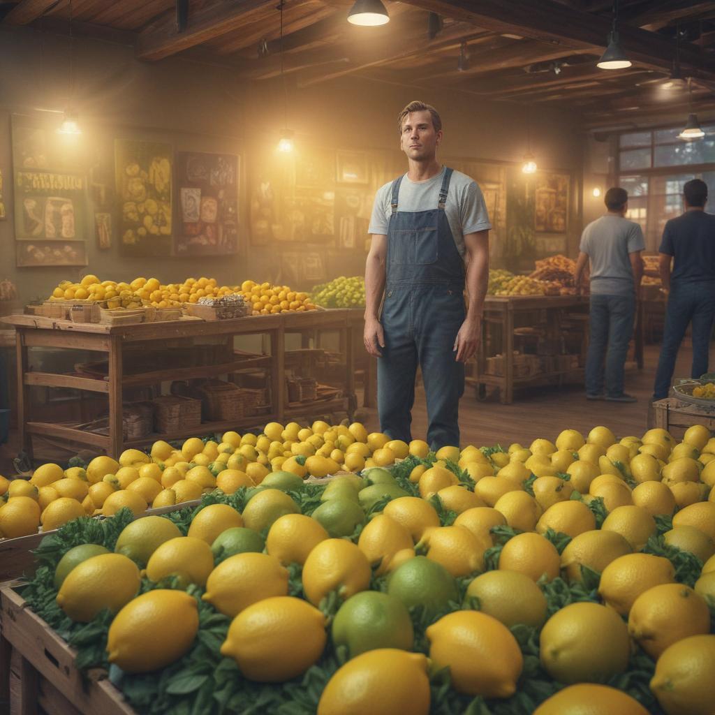 ((masterpiece)), (((best quality))), 8k, high detailed, ultra detailed, A lemon themed artwork celebrating Labor Day, lemons (various sizes and colors), festive decorations, (workers in the background), bright and colorful setting hyperrealistic, full body, detailed clothing, highly detailed, cinematic lighting, stunningly beautiful, intricate, sharp focus, f/1. 8, 85mm, (centered image composition), (professionally color graded), ((bright soft diffused light)), volumetric fog, trending on instagram, trending on tumblr, HDR 4K, 8K