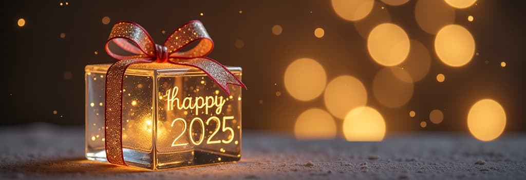  transparent glass christmas gift with glass bow, golden glowing text “happy 2025”, festive gold bokeh background ar 3:1 {prompt}, maximum details