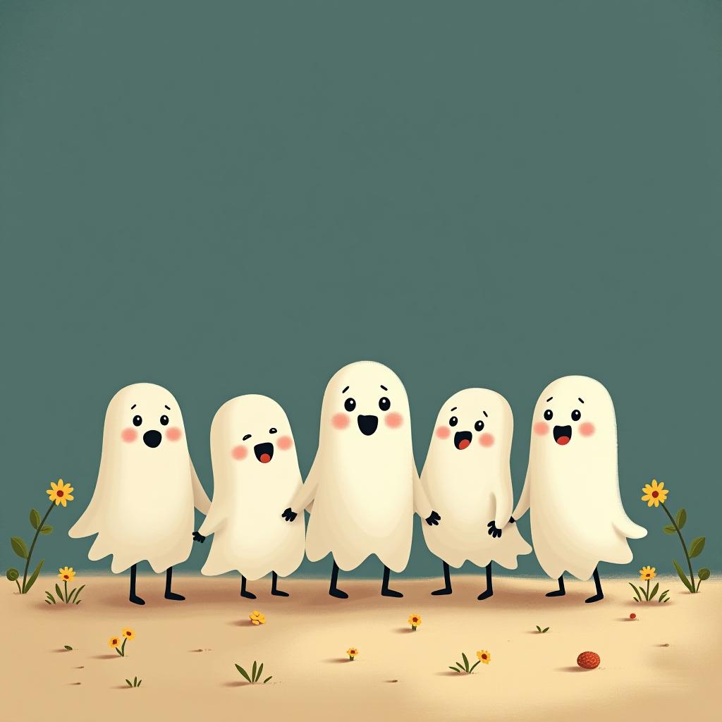  create a digital illustration featuring a row of three to five cute, cartoonish ghost characters, each with a different appearance, standing in different positions within sparse, life like wildflowers.