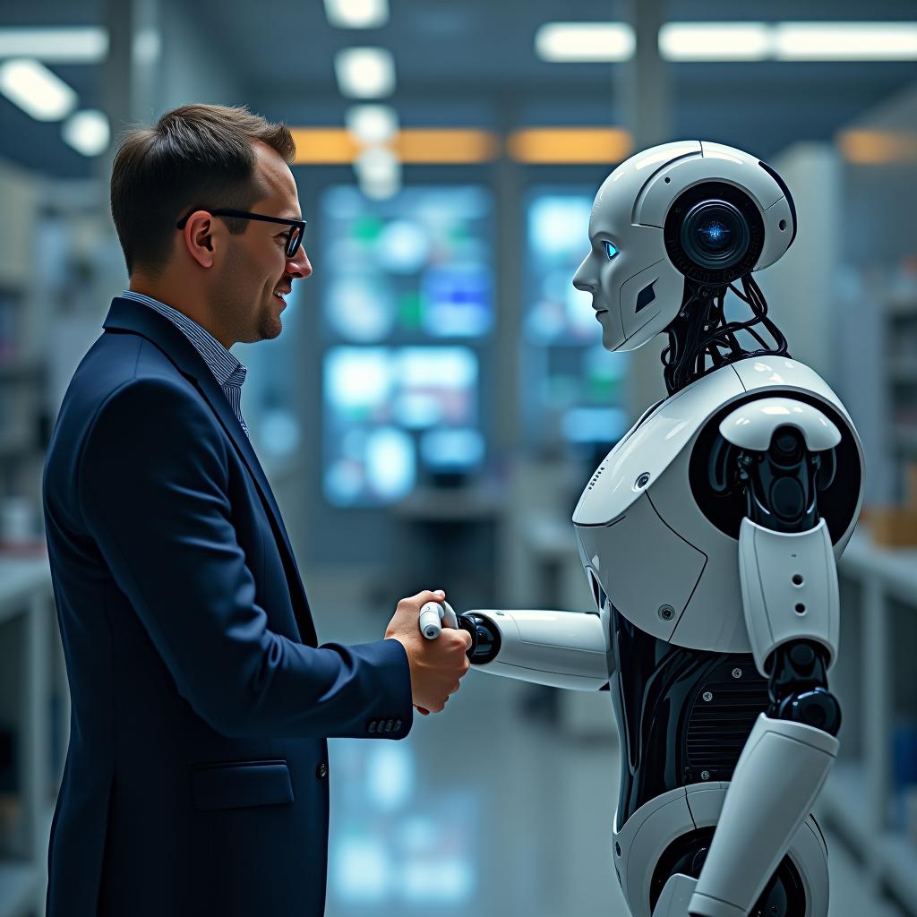  handshake between human and robot in a research lab, working together for success concept about tech innovation, machine learning progress and partnership with future artificial general intelligence