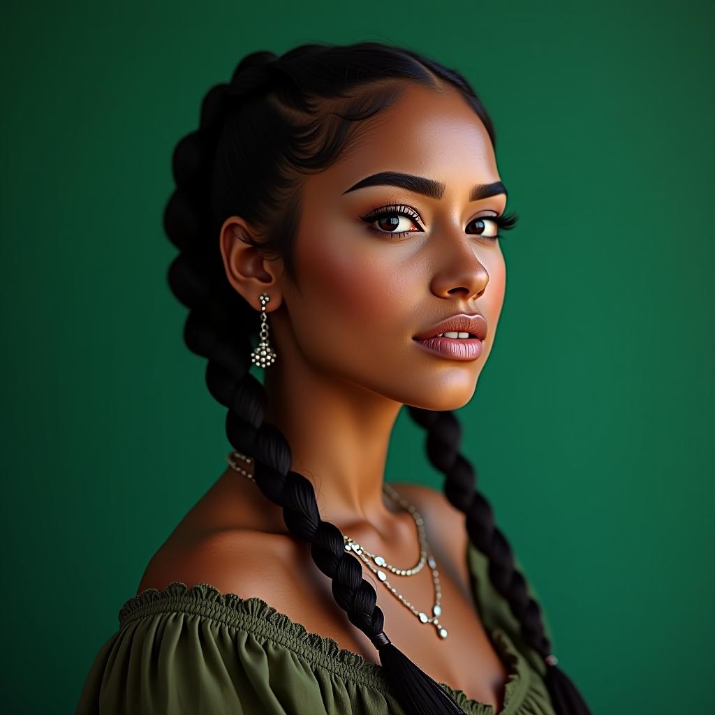  make an image of a native mexican woman with two dutch braids in green