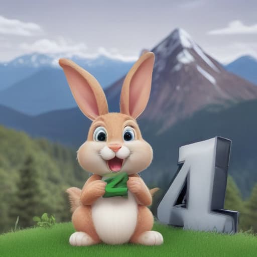 a rabbit eating the number 42 in Cartoon style with Mountains background