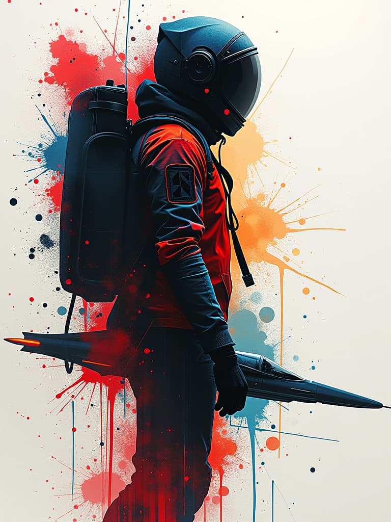  (masterpiece, high resolution, ultra high res:1.3), abstract representation of a space traveler, (silhouette blending:1.2) with a sleek futuristic spaceship, dynamic composition, splattering ink drawing technique, evoking intense movement and chaos, bold colors—vivid reds, electric blues, and deep blacks—bursting forth, (splatterpunk elements:1.2), chaotic shapes and forms, engaging textures reminiscent of jackson pollock's drip painting, swirling textures, multi layered effect, geometric patterns inspired by piet mondrian, (colorful rectangles and lines:1.3) interwoven with vibrant ink splatters, (dynamic shapes:1.2) intertwining with the traveler and ship, surreal, non photo realistic depiction, captivating energy, sense of wonder and hyperrealistic, full body, detailed clothing, highly detailed, cinematic lighting, stunningly beautiful, intricate, sharp focus, f/1. 8, 85mm, (centered image composition), (professionally color graded), ((bright soft diffused light)), volumetric fog, trending on instagram, trending on tumblr, HDR 4K, 8K