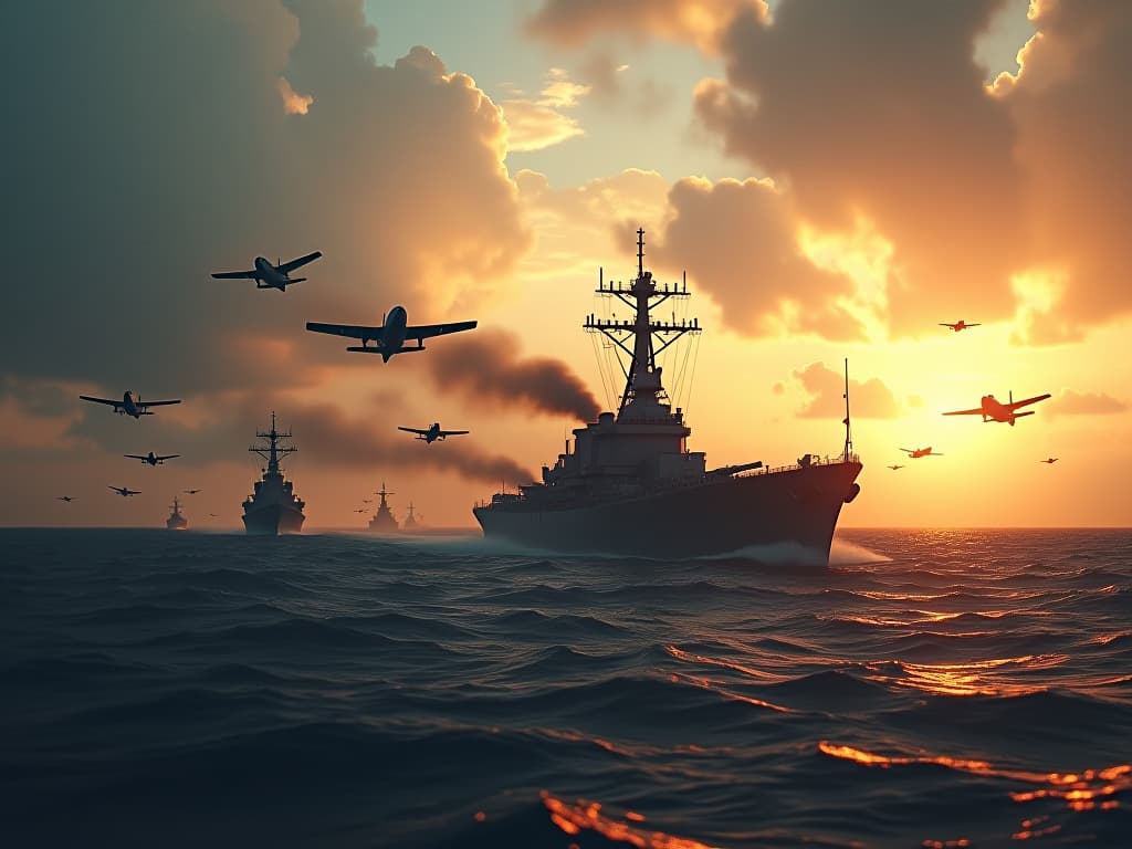  a dramatic scene of the battle of the philippine sea during world war ii, featuring the massive us fifth fleet commanded by admiral raymond spruance, with over 500 ships and advanced aircraft, engaging in fierce aerial combat against the combined imperial japanese fleet led by admiral shizaburo ozawa. the sky filled with fighter planes, aircraft carriers in the background, and a sense of urgency and tension captured in the atmosphere. the date is june 19, 1944, at dawn. hyperrealistic, full body, detailed clothing, highly detailed, cinematic lighting, stunningly beautiful, intricate, sharp focus, f/1. 8, 85mm, (centered image composition), (professionally color graded), ((bright soft diffused light)), volumetric fog, trending on instagram, trending on tumblr, HDR 4K, 8K