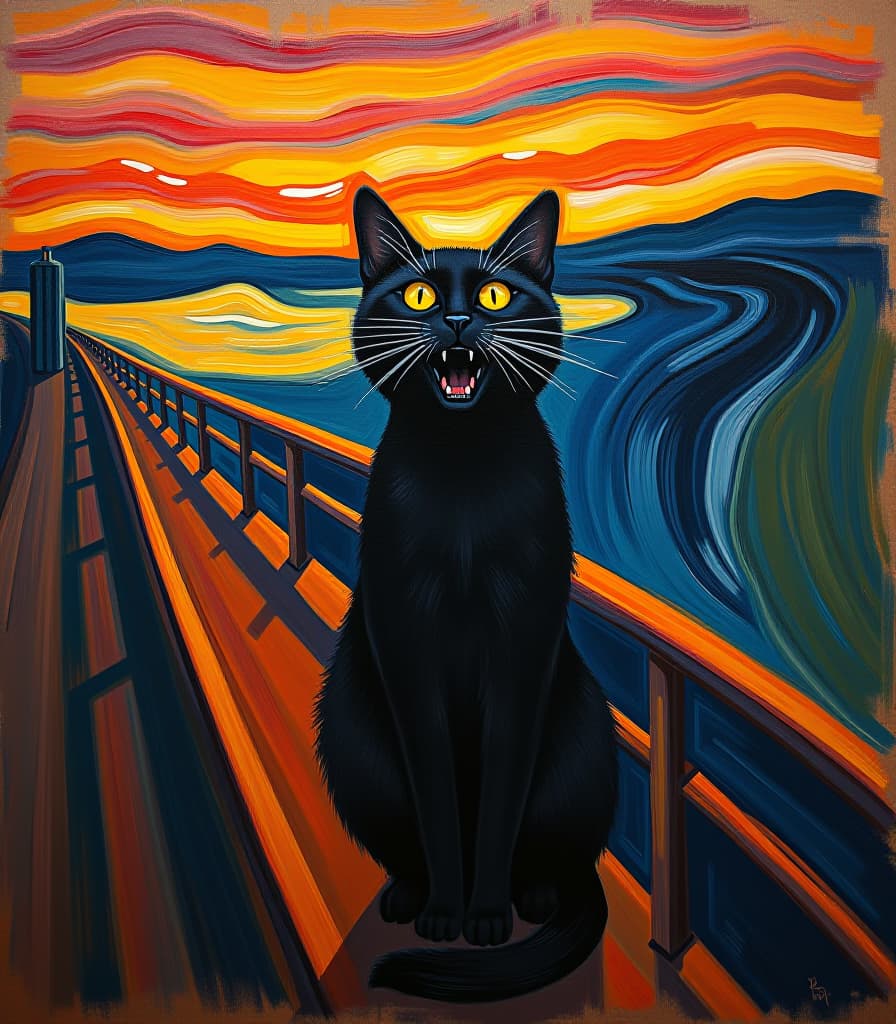  abstract expressionist painting masterpiece. (painting. painting “the scream” by norwegian expressionist painter edvard munch. a black cat standing on a bridge with surprised eyes and open mouth and hands encircling ears and cheeks from surprise:1.5). (intense close up:1.2). highly detailed strokes, clarity. surrealism, fantasy, expressionism. the style of the artist edvard munch:1.5.) . energetic brushwork, bold colors, abstract forms, expressive, emotional hyperrealistic, full body, detailed clothing, highly detailed, cinematic lighting, stunningly beautiful, intricate, sharp focus, f/1. 8, 85mm, (centered image composition), (professionally color graded), ((bright soft diffused light)), volumetric fog, trending on instagram, trending on tumblr, HDR 4K, 8K