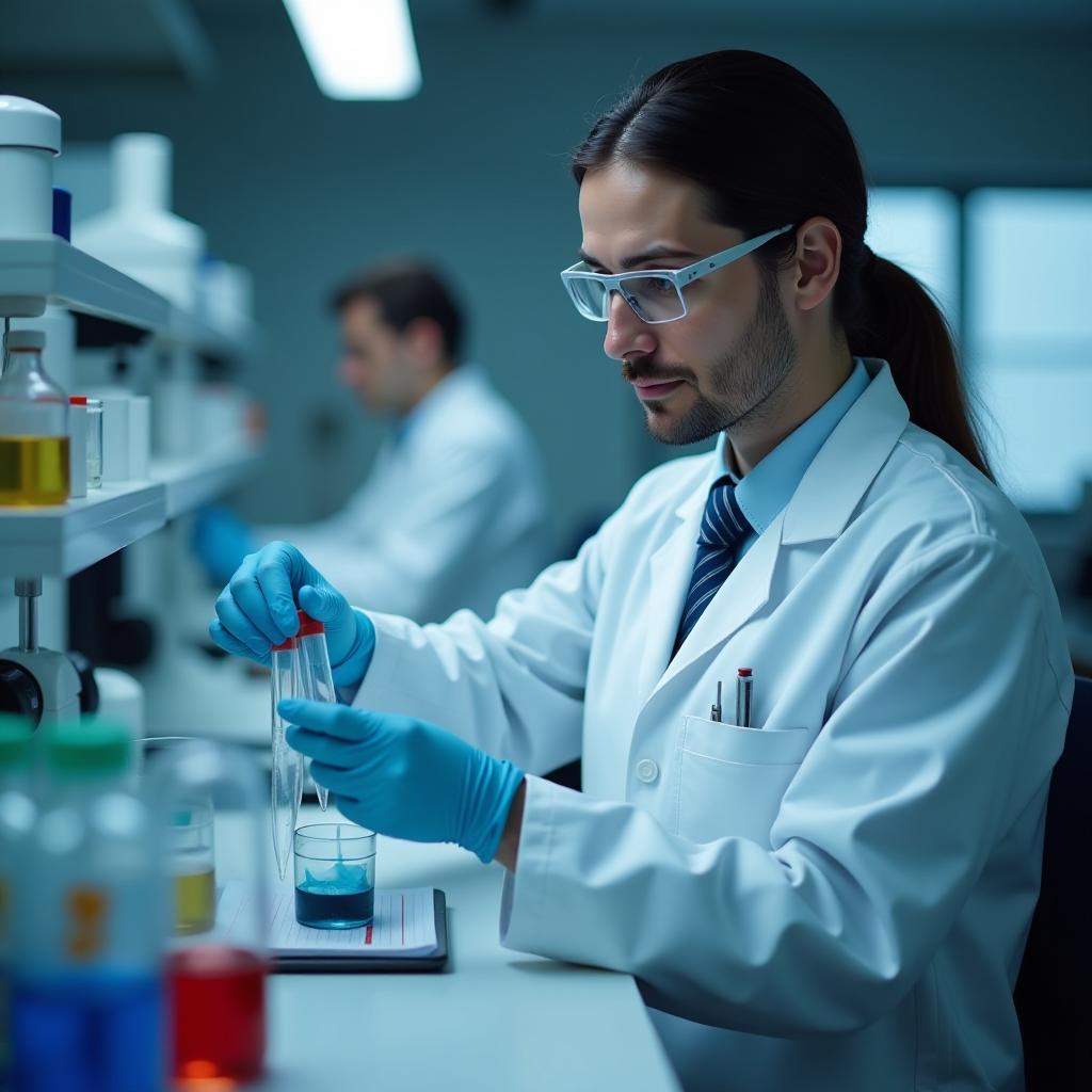  scientific research in medicine depicted by a doctor holding test tubes in a laboratory, high quality, high details, hd, perfect composition, 4k epic detailed, highly detailed, sharp focus, high resolution