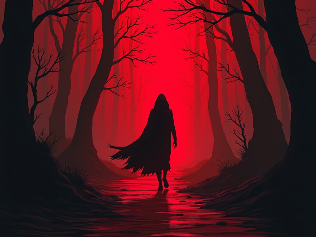  unburdened figure in red, walking on an illuminated path, sense of freedom. the style is digital art illustration / modern comic book / graphic dark novel fantasy and mysterious occult, symbolic, moody lighting, esoteric vibe,high detail on character design. for the color scheme emphasize blacks and reds.