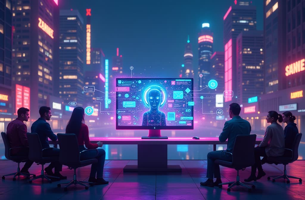  "create an imaginative digital landscape featuring a futuristic city filled with vibrant holographic interfaces and glowing soundwaves. in the center, depict a sleek, modern computer terminal with a friendly ai character engaging with users through colorful sound bubbles emanating from the screen. surround the scene with elements representing free online communication, like diverse people chatting across virtual platforms, bright neon lights illuminating the night sky, and interconnected lines symbolizing network connections." hyperrealistic, full body, detailed clothing, highly detailed, cinematic lighting, stunningly beautiful, intricate, sharp focus, f/1. 8, 85mm, (centered image composition), (professionally color graded), ((bright soft diffused light)), volumetric fog, trending on instagram, trending on tumblr, HDR 4K, 8K