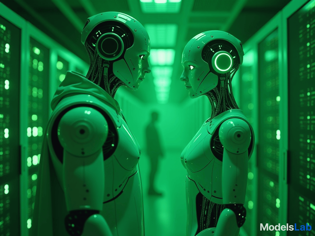  primarily using various shades of green. the image should depict the risks and warnings associated with artificial intelligence. include elements such as robotic figures, data centers, and subtle hints of global impact. ensure no text, letters, or numbers are included in the image. hyperrealistic, full body, detailed clothing, highly detailed, cinematic lighting, stunningly beautiful, intricate, sharp focus, f/1. 8, 85mm, (centered image composition), (professionally color graded), ((bright soft diffused light)), volumetric fog, trending on instagram, trending on tumblr, HDR 4K, 8K